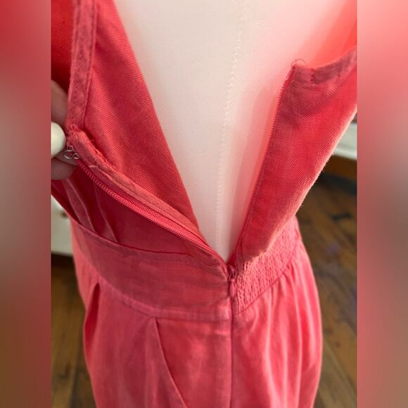 Joie 100% Linen Red Coral Midi Dress V-Neck Sleeveless Smocked Waist Pocket Sz 6 - Picture 9 of 11